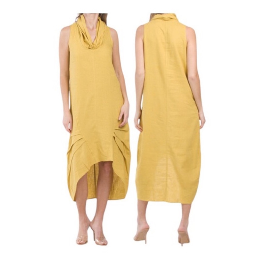 For Cynthia Chartreuse Cowl Neck High Low Linen Blend Dress Size XS